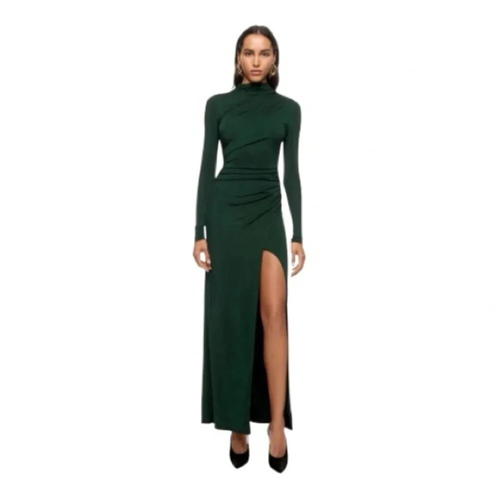 LAPOINTE Long Sleeve Double Face Satin Maxi Dress Drape Gown, Emerald Size M